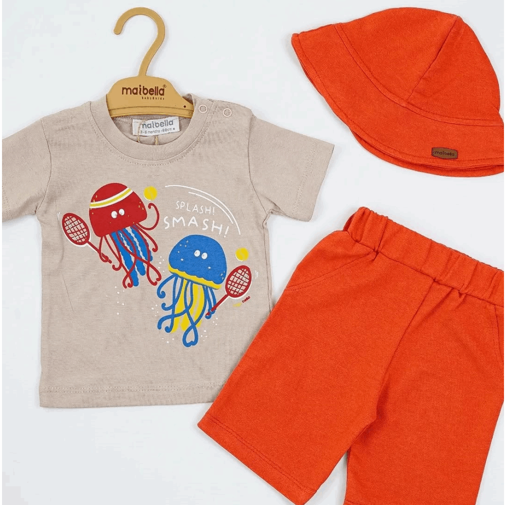 CLOTHING Boys Summer triple set Tshirt + Shorts + Panama Hat (Orange)