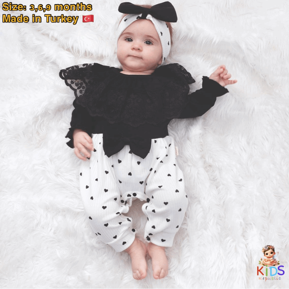 EVERY DAY SET Romper Black&amp;White With Ruffles + Headband