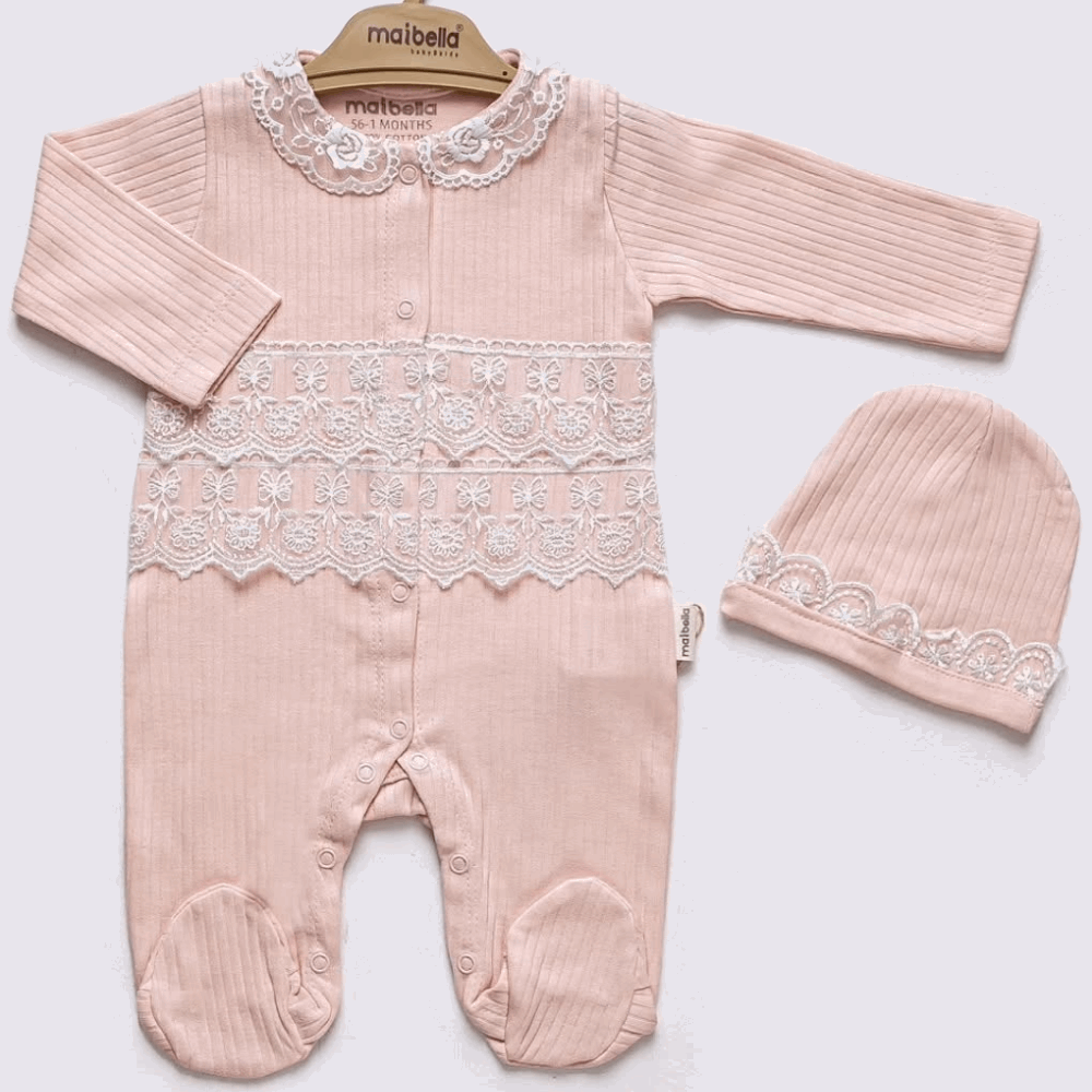 NEWBORN Girls Set 2in1 Jumpsuit + Cap Pink With Ruffles