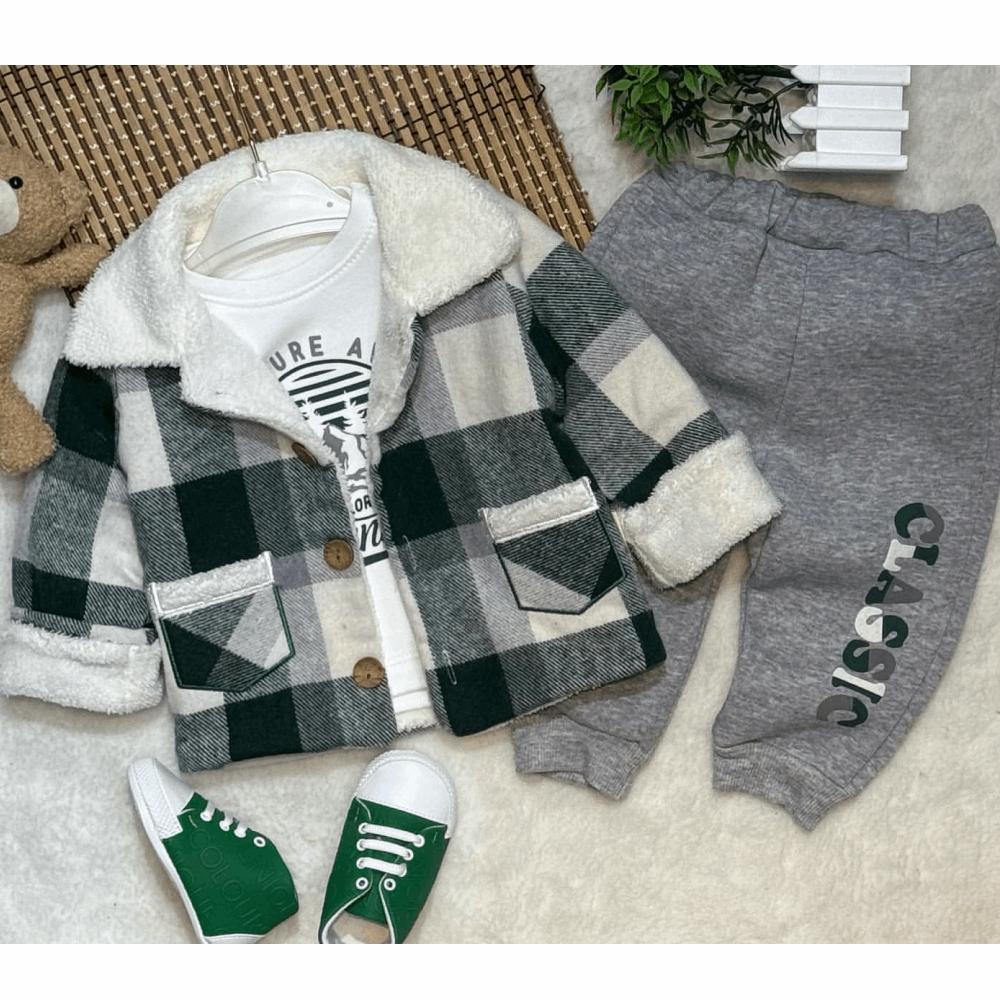 CLOTHING Boys Suit 3in1 Sweater / Pants / Fur Jacket Green