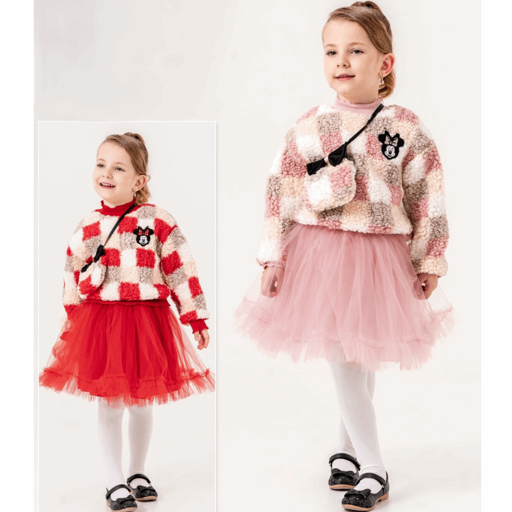 OUTWEAR Set 2in1 Warm Checkered Sweatshirt / Tulle Skirt Pink/red
