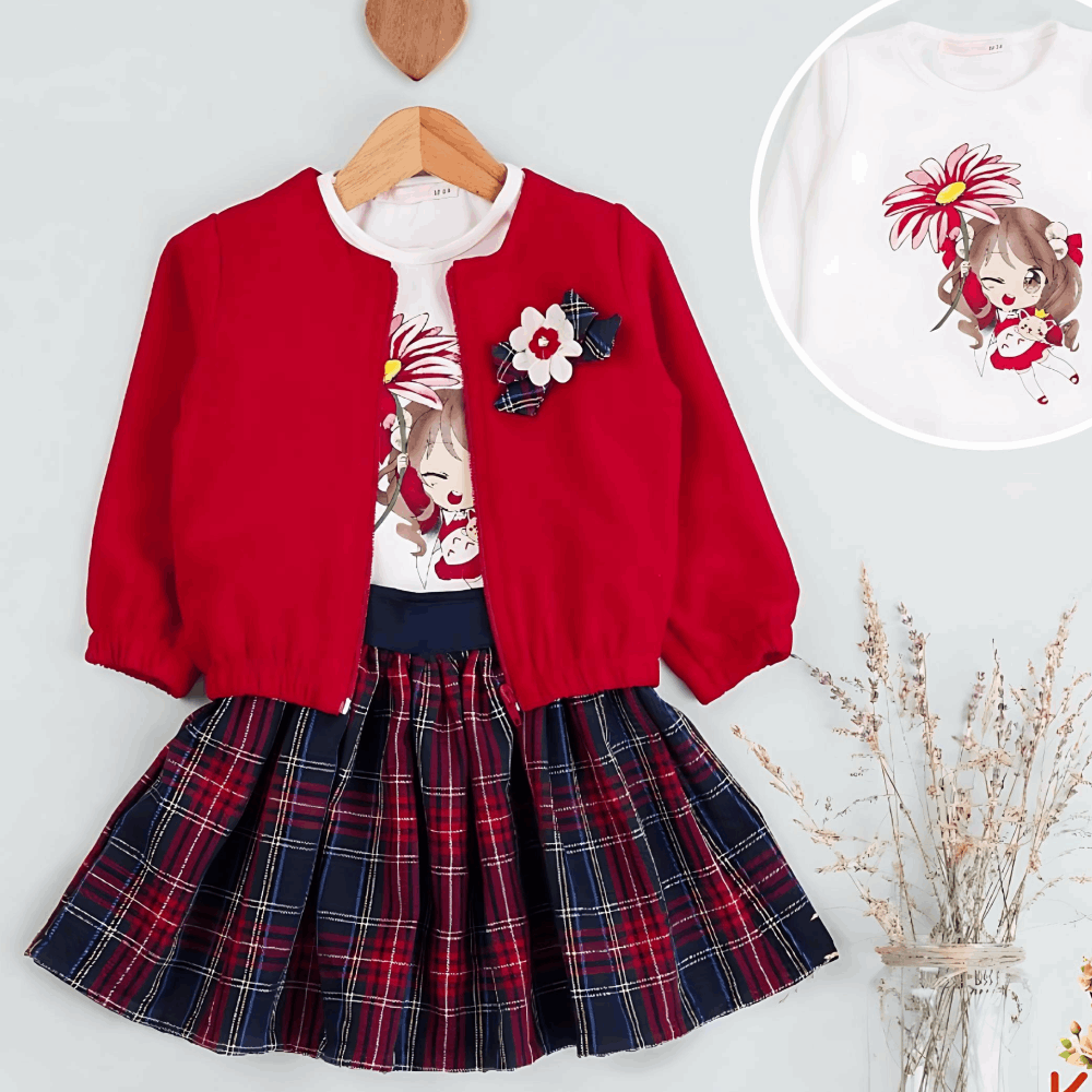 OUTWEAR Set 3 In1 Red Jacket / Checkered Skirt / Sweatshirt